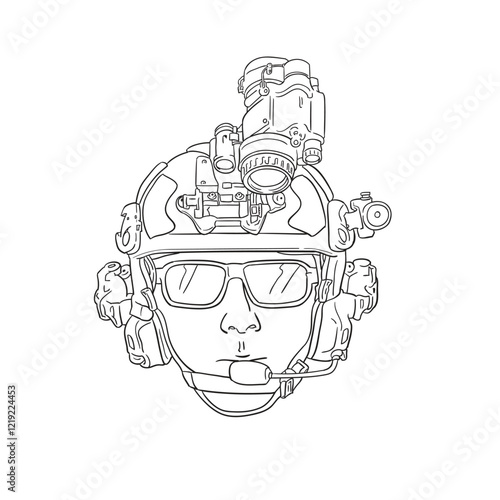 vector sketch of tactical army head use tactical helmet binocular night vision