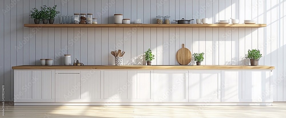 Bright minimalist kitchen with white cabinets, wooden shelves, and countertops. Bright minimalist kitchen with white cabinets, wooden shelves, and countertops.
