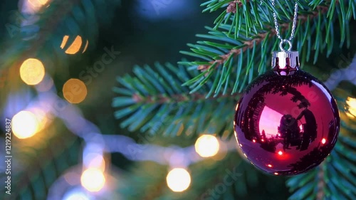 Christmas ornament on a pine tree with festive lights, holiday decoration concept