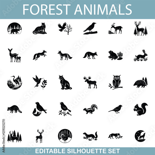 Forest Animals Editable Silhouette Set of Wildlife Icons