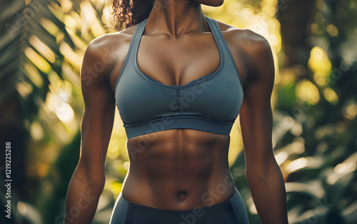 Close-up of a womana??s toned midsection in workout attire, embodying fitness and an active lifestyle photo