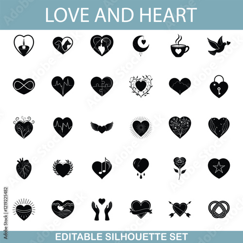 Editable Heart Silhouettes Love, Romance, Symbols, Icons, Set