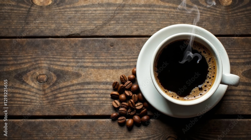 Aromatic steam rises from a cup of dark coffee resting on a rustic wooden surface, accompanied by a scattering of roasted coffee beans. Aromatic steam rises from a cup of dark coffee resting on a rustic wooden surface, accompanied by a scattering of roasted coffee beans.