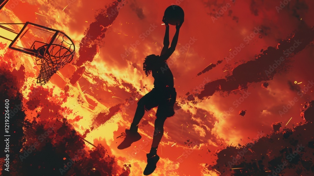 Naklejka premium Fiery Sunset Basketball Dunk: Silhouette of a Player Against a Dramatic Sky
