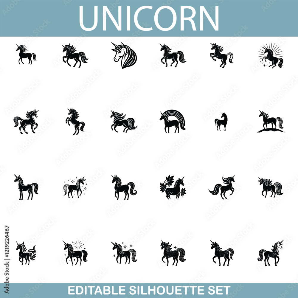 Fototapeta premium Unicorn Silhouettes Editable Set of Magical Horse Icons