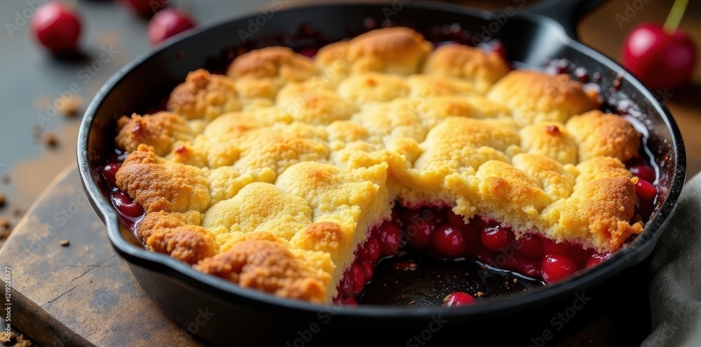 Golden-brown vegan cherry crumble in cast iron skillet, fruit crumble, delicious food, flaky Golden-brown vegan cherry crumble in cast iron skillet, fruit crumble, delicious food, flaky