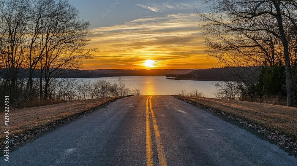 The empty road leading to the lake by sunset The empty road leading to the lake by sunset