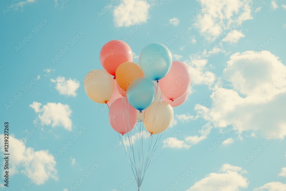 Pastel colored balloons floating against a blue sky with white clouds, celebrating a happy occasion Pastel colored balloons floating against a blue sky with white clouds, celebrating a happy occasion