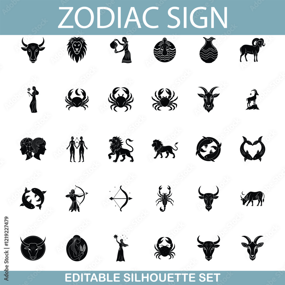 Obraz premium Zodiac Sign Icons Editable Silhouette Set of Astrological Symbols