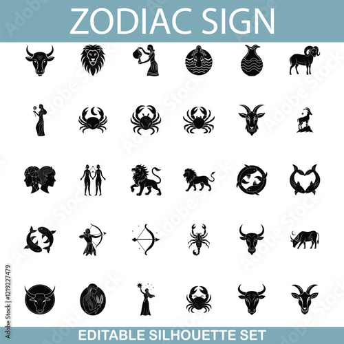 Zodiac Sign Icons Editable Silhouette Set of Astrological Symbols