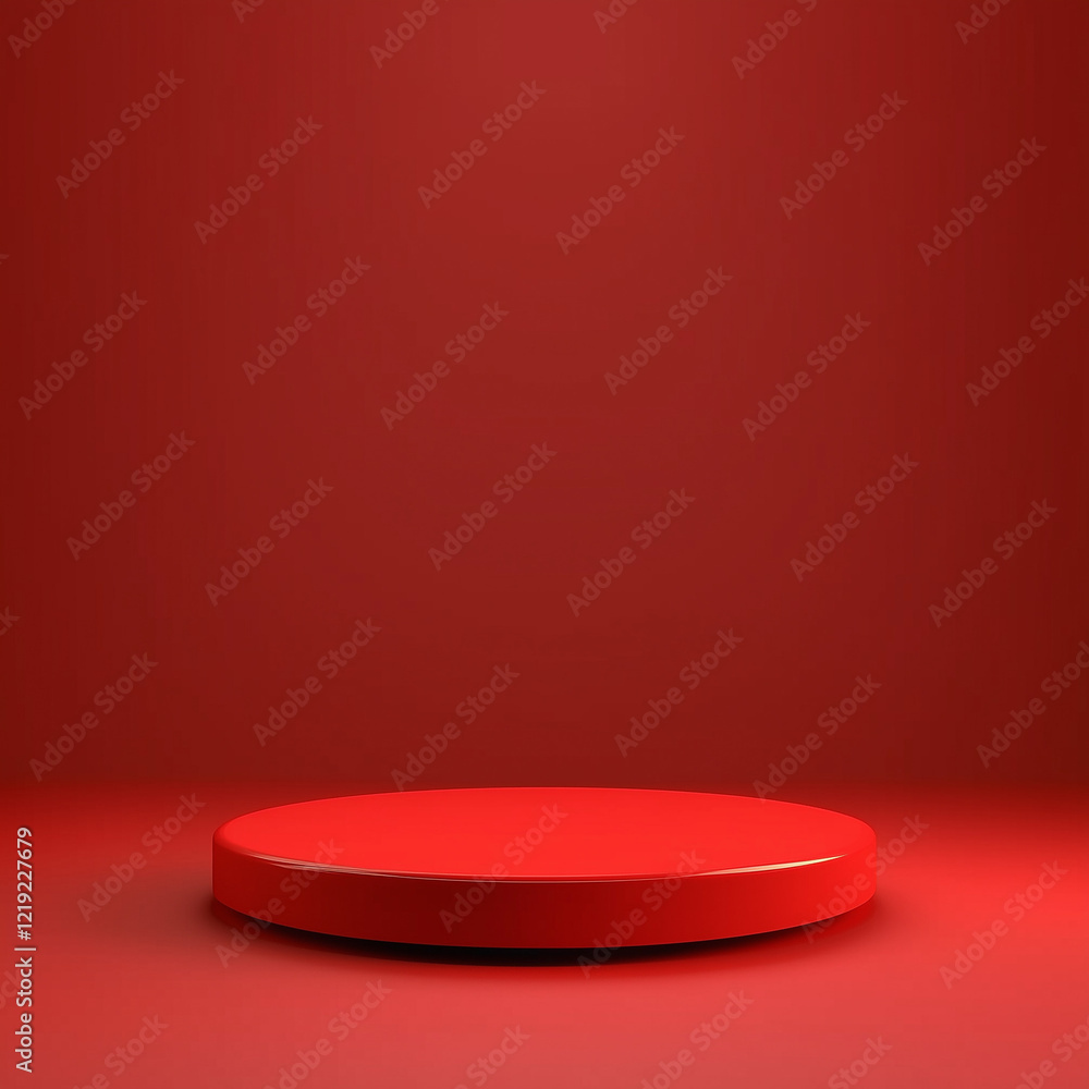 Red podium for product presentation with bold monochromatic background Red podium for product presentation with bold monochromatic background