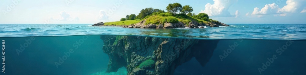 Submerged landmass degrading, underwater erosion, destruction, sea Submerged landmass degrading, underwater erosion, destruction, sea