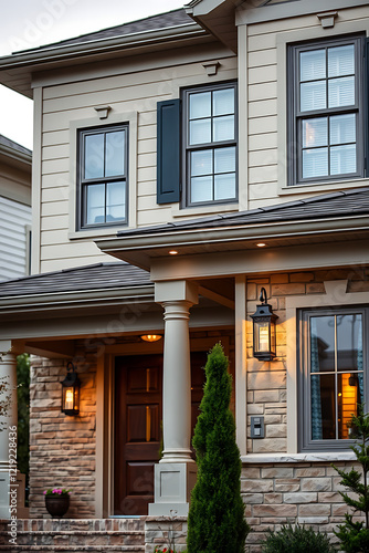 Wallpaper Mural Luxury Home Exterior at Night: Brick Facade, Modern Design, and Evening Lighting Torontodigital.ca