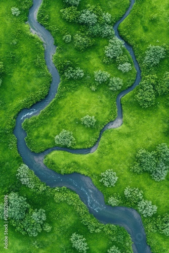 Serene Aerial View of Winding River Through Lush Green Landscape