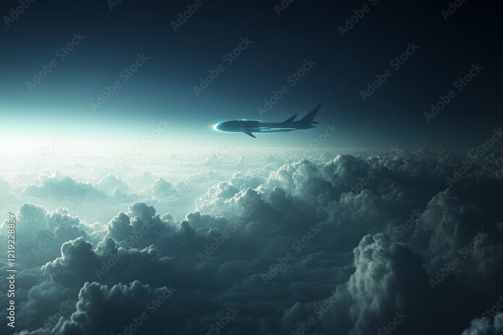 Obraz premium Supersonic aircraft flying through dramatic cloud formations at sunset