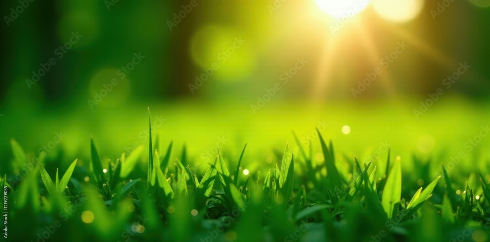 Fototapeta premium Emerald grass, heavy with morning dew, sun rays, flora, landscape