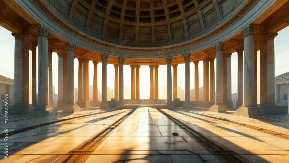 Obraz premium Ancient Roman architecture, grand circular structure, marble columns, domed ceiling, sunlight streaming through, ornate interior, reflective tiled floor, golden hour lighting, atmospheric, majestic, s