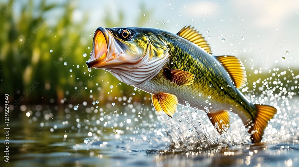 Naklejka premium Fishing Triumph: Magnificent Perch in Water with Lush Green Background