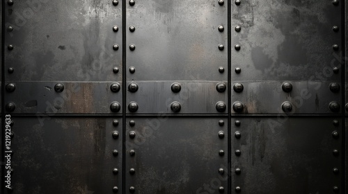 Industrial black metal surface with rivets and weathered texture
