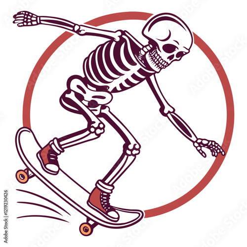 Skateboard t-shirt label design with illustration of skeleton playing skateboard. Hand drawn illustration.