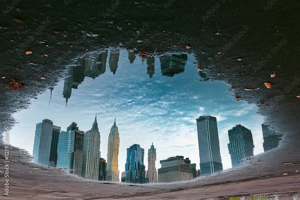 Fototapeta premium City skyline reflects in calm lake surrounded by trees during sunset with vibrant clouds and soft glow