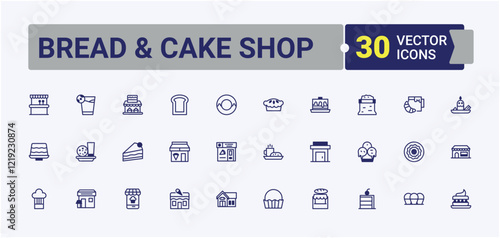 Set of Bread & Cake Shop line icons. Includes thin line cookie, product, cupcake, bread, element, bakery and more. Icons for UI. Solid line editable stroke. Vector line and solid icons.