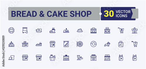 Set of Bread & Cake Shop line icons. Includes thin line cookie, product, cupcake, bread, element, bakery and more. Icons for UI. Solid line editable stroke. Vector line and solid icons.