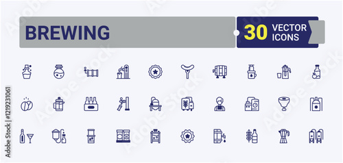 Brewing line icons set. It contains symbols to barrel, can, tap, glass, hop, brewery and more. Flat UI icon design. Outline and solid pictogram.