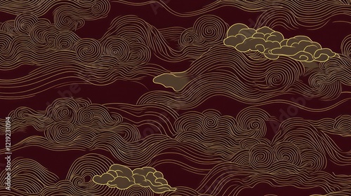 Abstract gold cloud and wave pattern on maroon background.