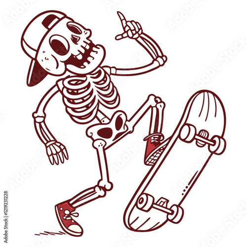 Skateboard t-shirt label design with illustration of skeleton playing skateboard. Hand drawn illustration.