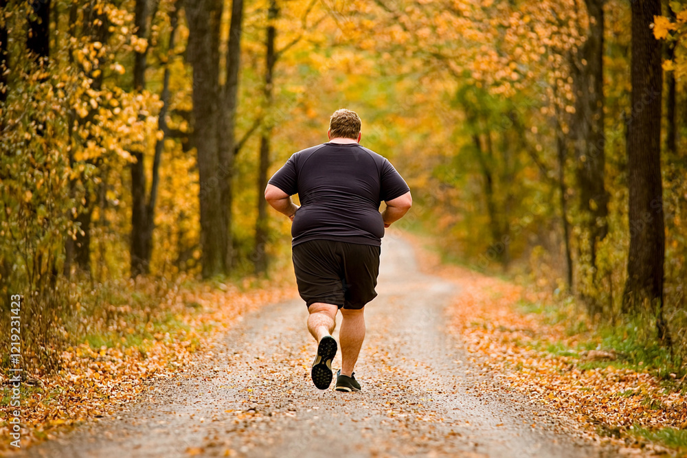 Man jogging on a trail during fall season Man jogging on a trail during fall season