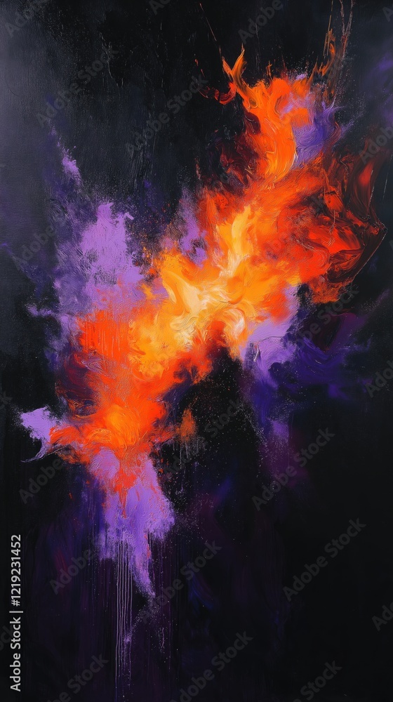 Fototapeta premium Vivid nebula artwork with fiery orange and purple contrasts on dark background