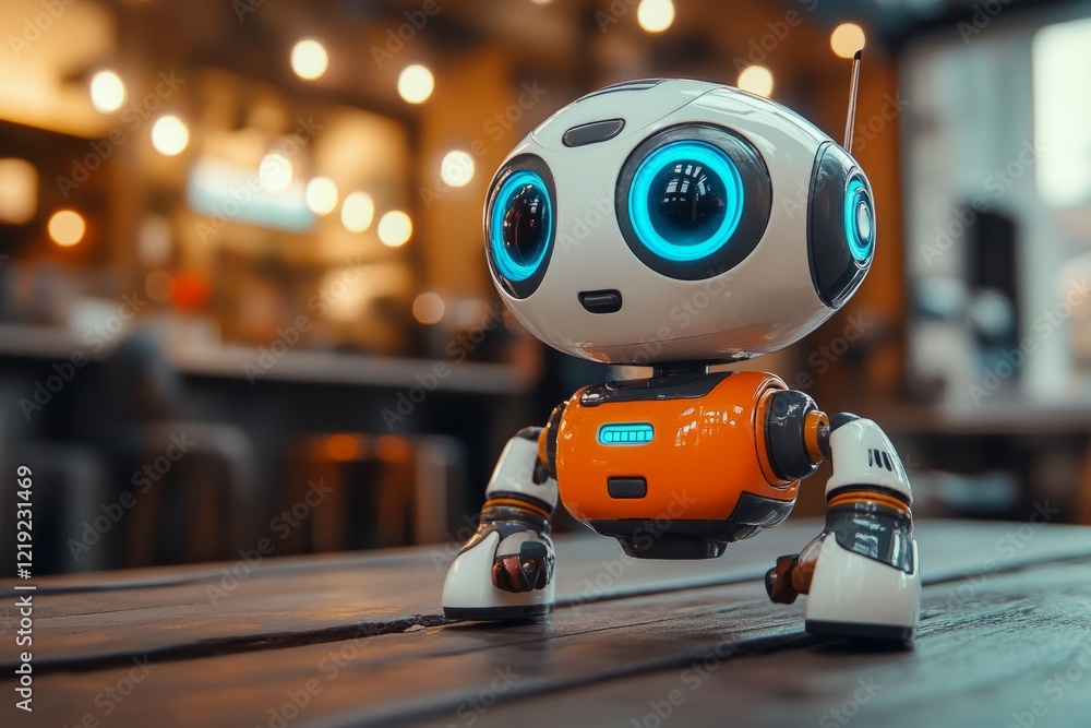 Small robot with glowing eyes standing on wooden table in restaurant, showcasing artificial intelligence in service industry Small robot with glowing eyes standing on wooden table in restaurant, showcasing artificial intelligence in service industry