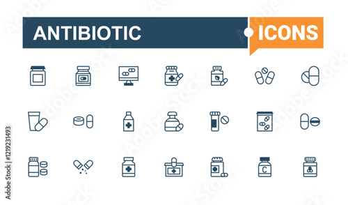 Antibiotic line icons set. Contains such icons as recipe, virus, bottle, pain, syringe, pharmaceutical, doctor and more. Outline icon. Solid line editable stroke.