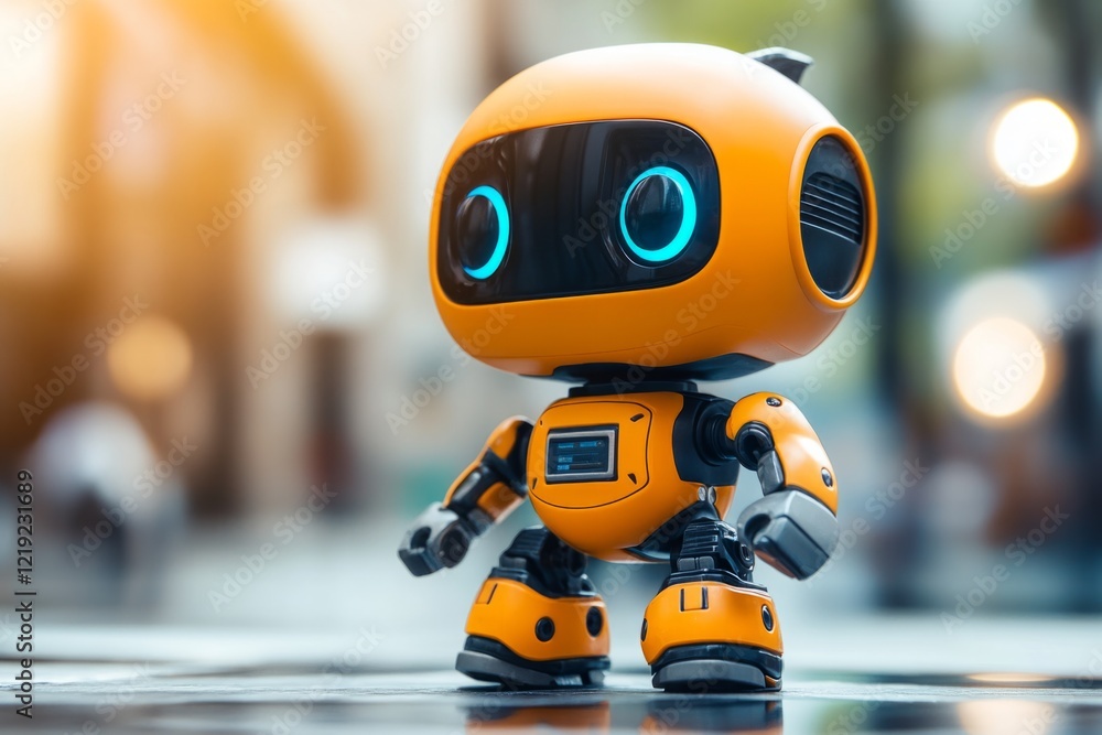 Small orange robot walking on a blurred city background, showcasing artificial intelligence and futuristic technology Small orange robot walking on a blurred city background, showcasing artificial intelligence and futuristic technology