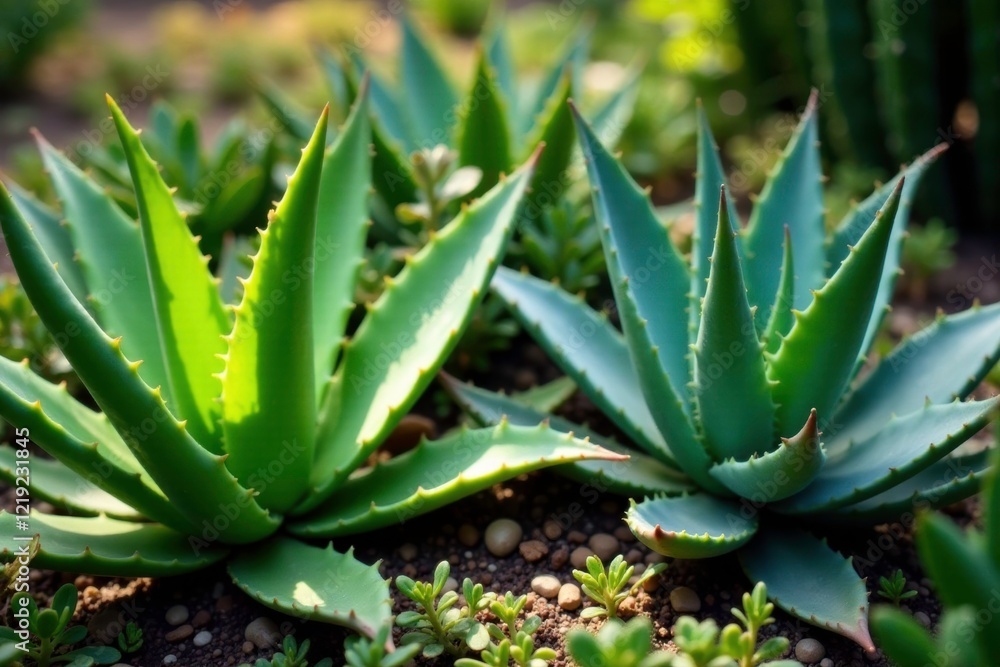 Aloe vera and agave plants growing near each other in an aguamiel garden, cactus, aguamiel, foliage Aloe vera and agave plants growing near each other in an aguamiel garden, cactus, aguamiel, foliage
