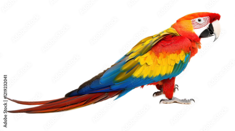 Fototapeta premium Vibrant Scarlet Macaw Parrot Displaying Brilliant Colors and Unique Plumage, Showcasing Bright Red, Yellow, Green, and Blue Feathers Against a Clean Background