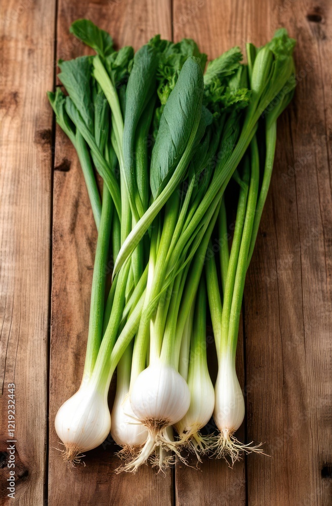 fresh green onions on wooden surface with white bulbs and long green stalks