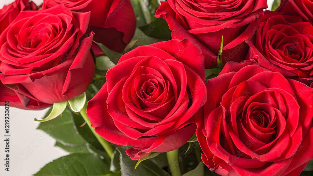 Saint Valentine's Day. Luxurious red roses in full bloom, with soft petals and green leaves, cut out Saint Valentine's Day. Luxurious red roses in full bloom, with soft petals and green leaves, cut out