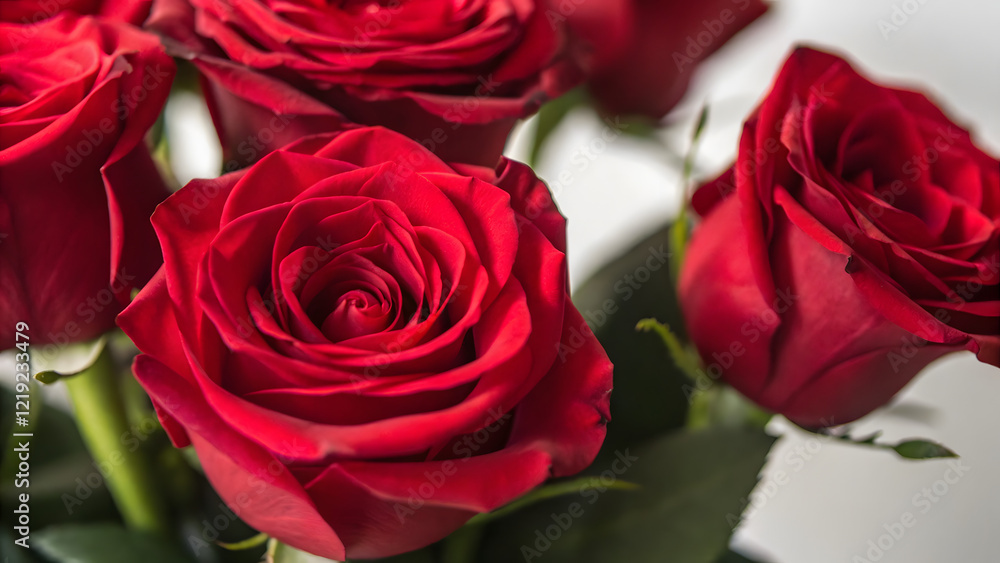 Saint Valentine's Day. Luxurious red roses in full bloom, with soft petals and green leaves, cut out Saint Valentine's Day. Luxurious red roses in full bloom, with soft petals and green leaves, cut out