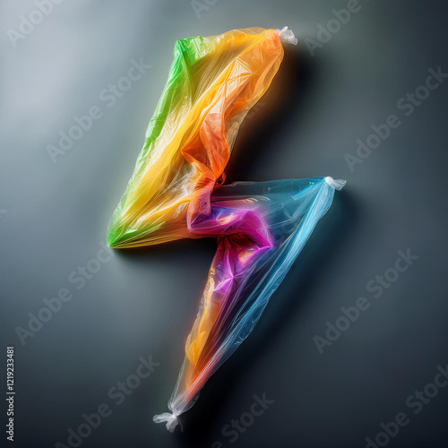 Energy Lightning Symbol Formed from Plastic Bags and Waste, Vibrant Colors