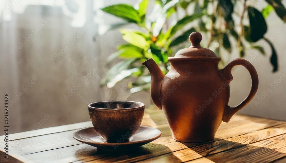 Rich Afternoon with Brown Earthenware Teapot and Tea Cup on Wooden Table in Cozy Room Rich Afternoon with Brown Earthenware Teapot and Tea Cup on Wooden Table in Cozy Room