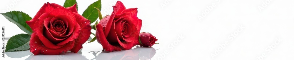 Fototapeta premium Three velvety red roses, adorned with sparkling water droplets, against pure white backdrop , studio, celebration, nature