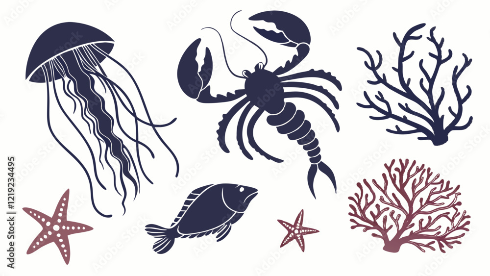 Flat Icons of Bioluminescent Deep-Sea Creatures, Jellyfish, and Coral Flat Icons of Bioluminescent Deep-Sea Creatures, Jellyfish, and Coral