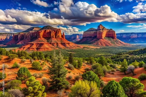 Panoramic View of Tusayan, Arizona's Majestic Landscape: Red Rocks, Desert, and Sky photo