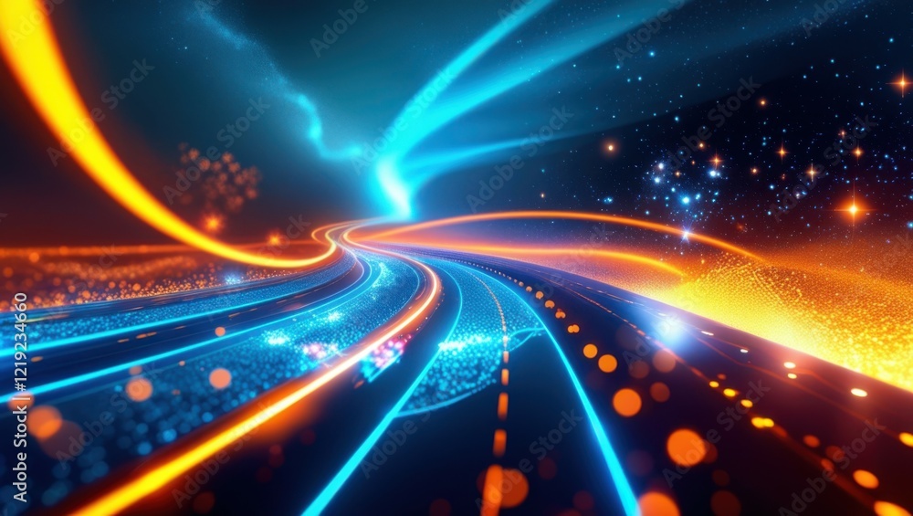 abstract cosmic highway, light trails, energy beams, neon blue and orange, space background, stars, dynamic motion, futuristic, digital art, vibrant colors, speed lines, glowing particles, sci-fi aest abstract cosmic highway, light trails, energy beams, neon blue and orange, space background, stars, dynamic motion, futuristic, digital art, vibrant colors, speed lines, glowing particles, sci-fi aest