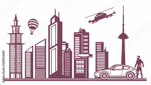 Flat Icons of Cyberpunk City with Neon Signs, Skyscrapers, and Flying Cars