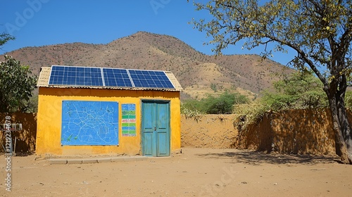 Rural solar school, arid landscape, education, Africa