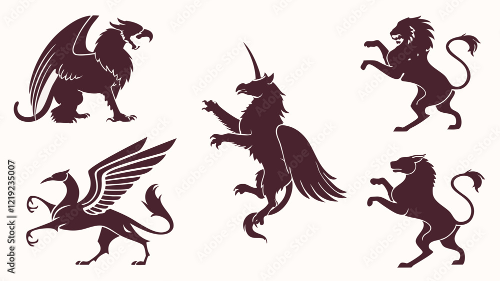 Fototapeta premium Fantastical Beasts with Gryphons, Chimeras, Phoenixes, and Hybrids Flat Icon Silhouettes