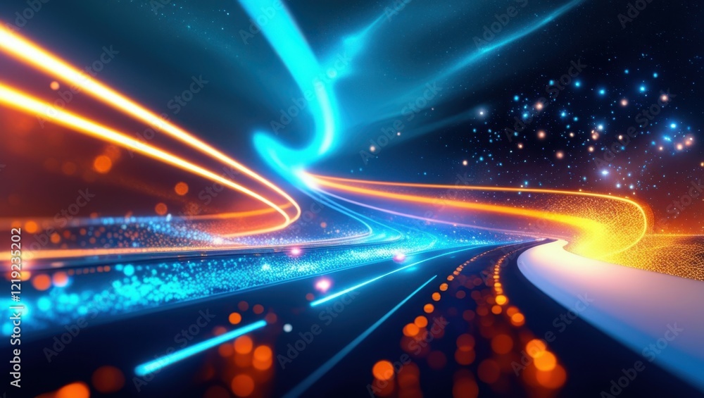 Obraz premium Abstract cosmic tunnel, vibrant neon light trails, blue and orange streaks, starry space background, dynamic motion blur, futuristic energy corridor, glowing particles, hyperspace wormhole, digital ar